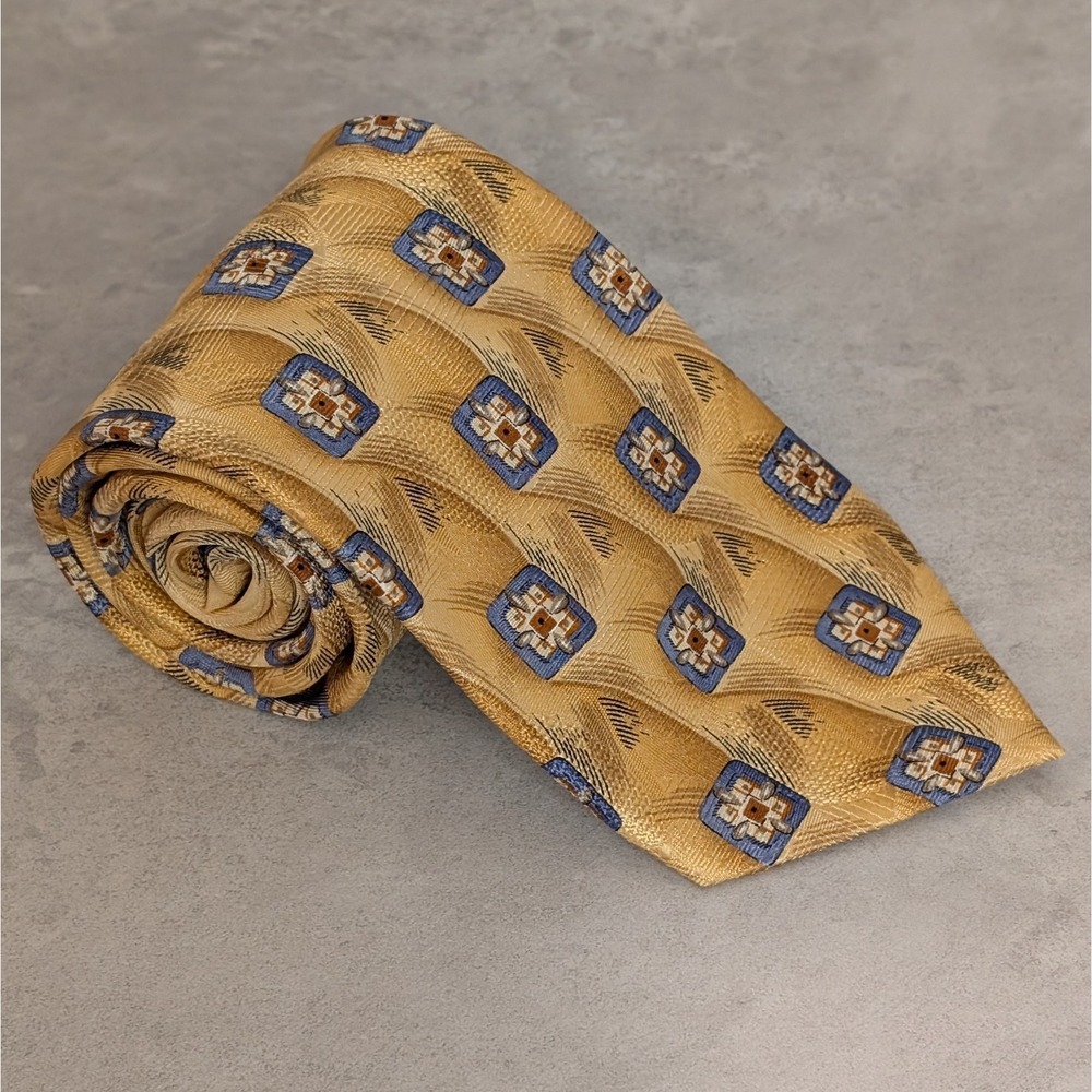 Vintage Rooster 100% Silk Yellow Men's Tie With Blue Squares 59.75"x3.75" Retro